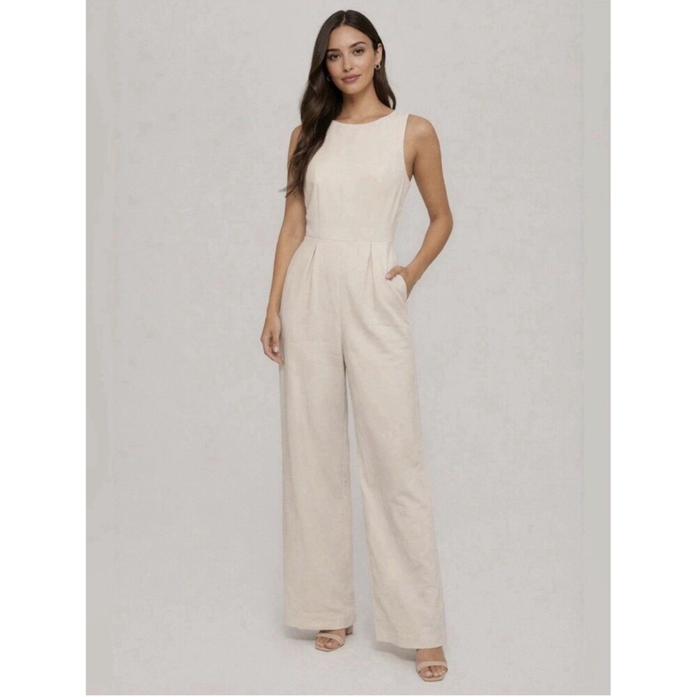 Song of Style Jumpsuit Cream Wide Leg Sleeveless Pleated Size Large Quiet Luxury - Picture 1 of 14